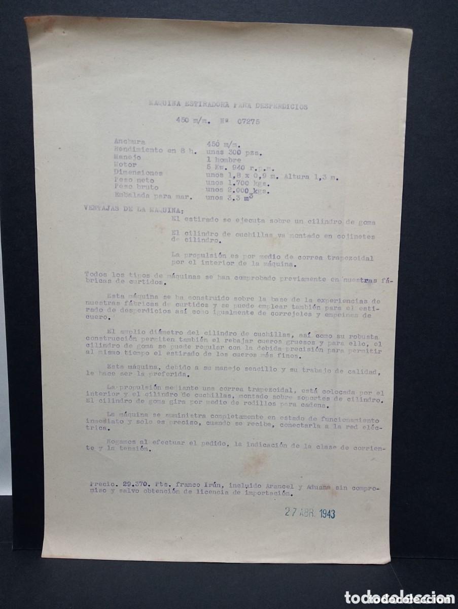 Coleccionismo: HOJA PUBLICITARIA MAQUINA ESTIRADORA PARA DESPERDICIOS. A&Ntilde;O 1943