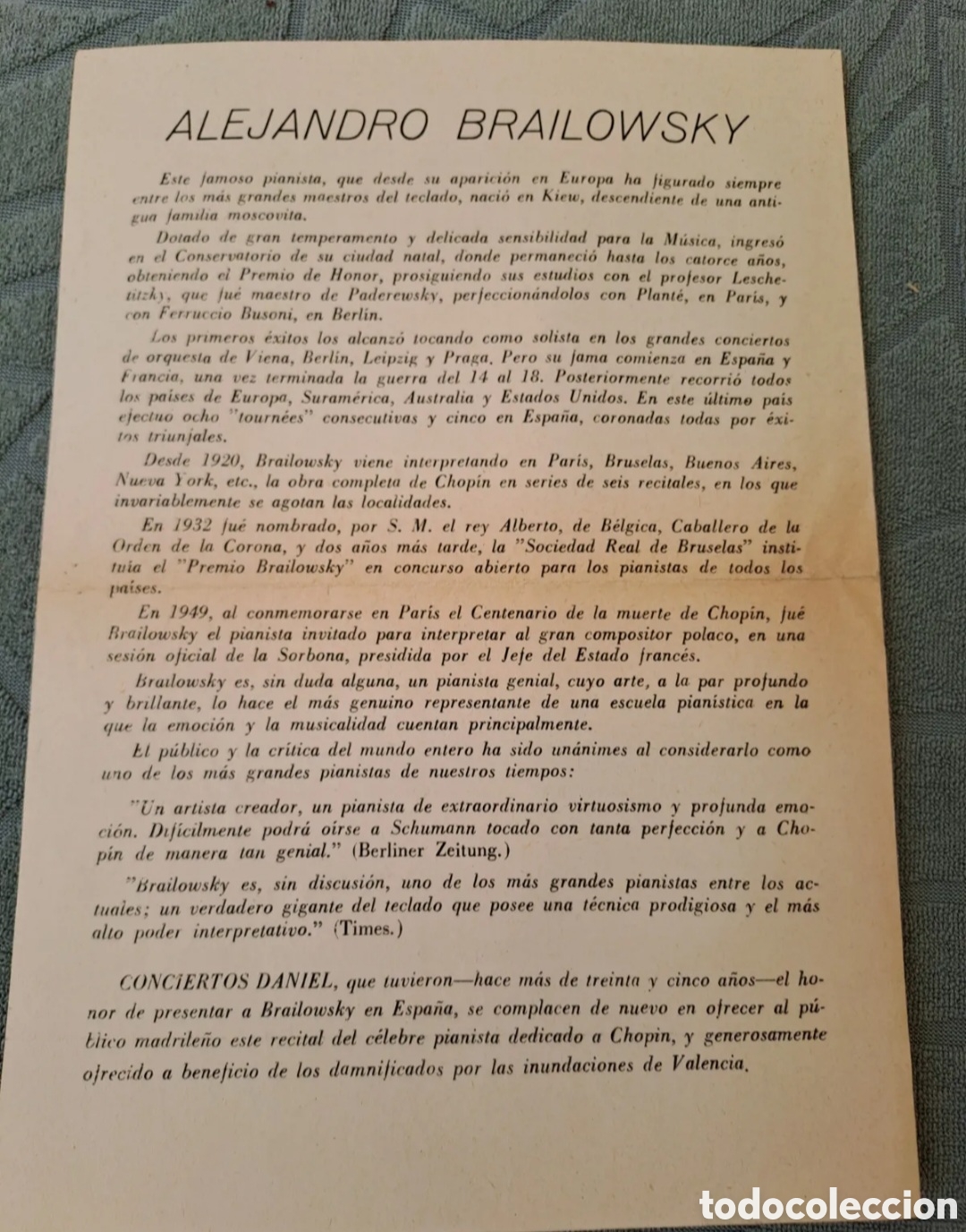 Coleccionismo: Programa pianista Alexander Brailowsky. 1957 - Foto 2