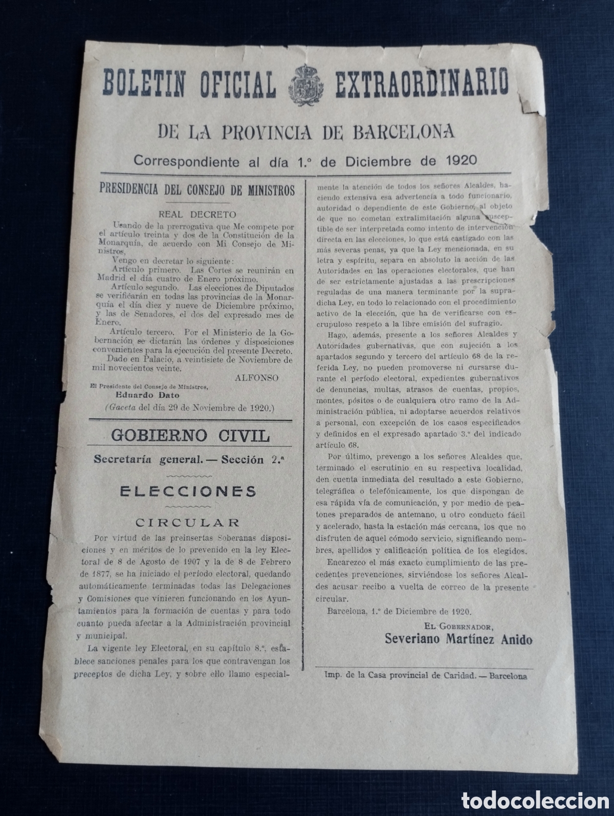 Coleccionismo: BOLETIN OFICIAL EXTRAORDINARIO PROVINCIA DE BARCELONA DE 1&ordm; DICIEMBRE 1920- EDUARDO DATO-MTNEZ ANIDO