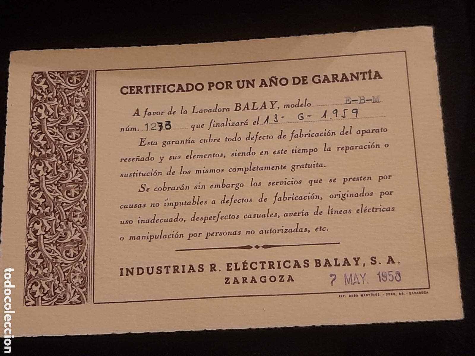 Coleccionismo: Certificado de garant&iacute;a LAVADORA BALAY de 1958