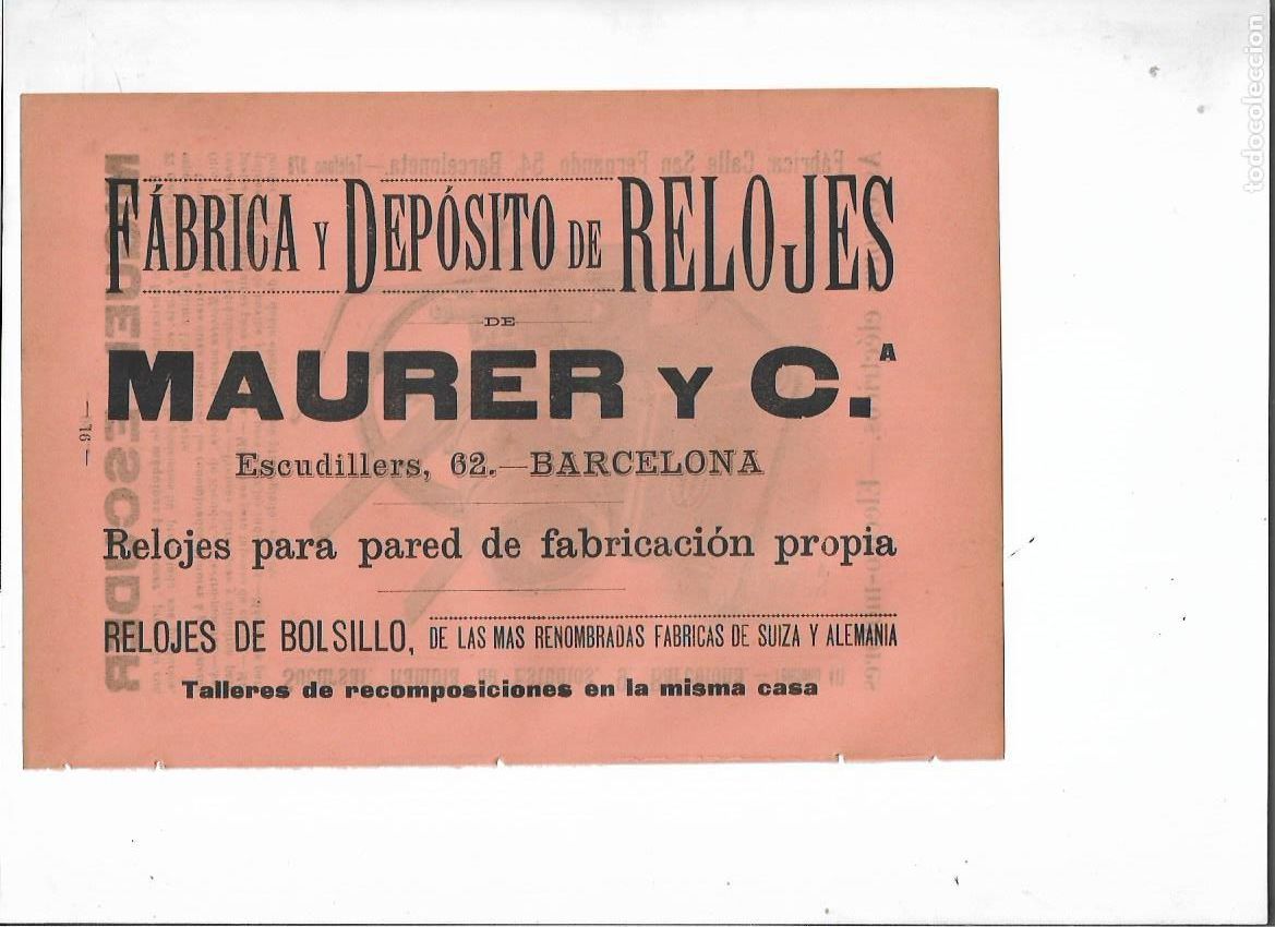 Collecting paper: A&Ntilde;O 1898 PUBLICIDAD MAURER Y COMPA&Ntilde;IA FABRICA DEPOSITO DE RELOJES RELOJ PARED BOLSILLO BARCELONA