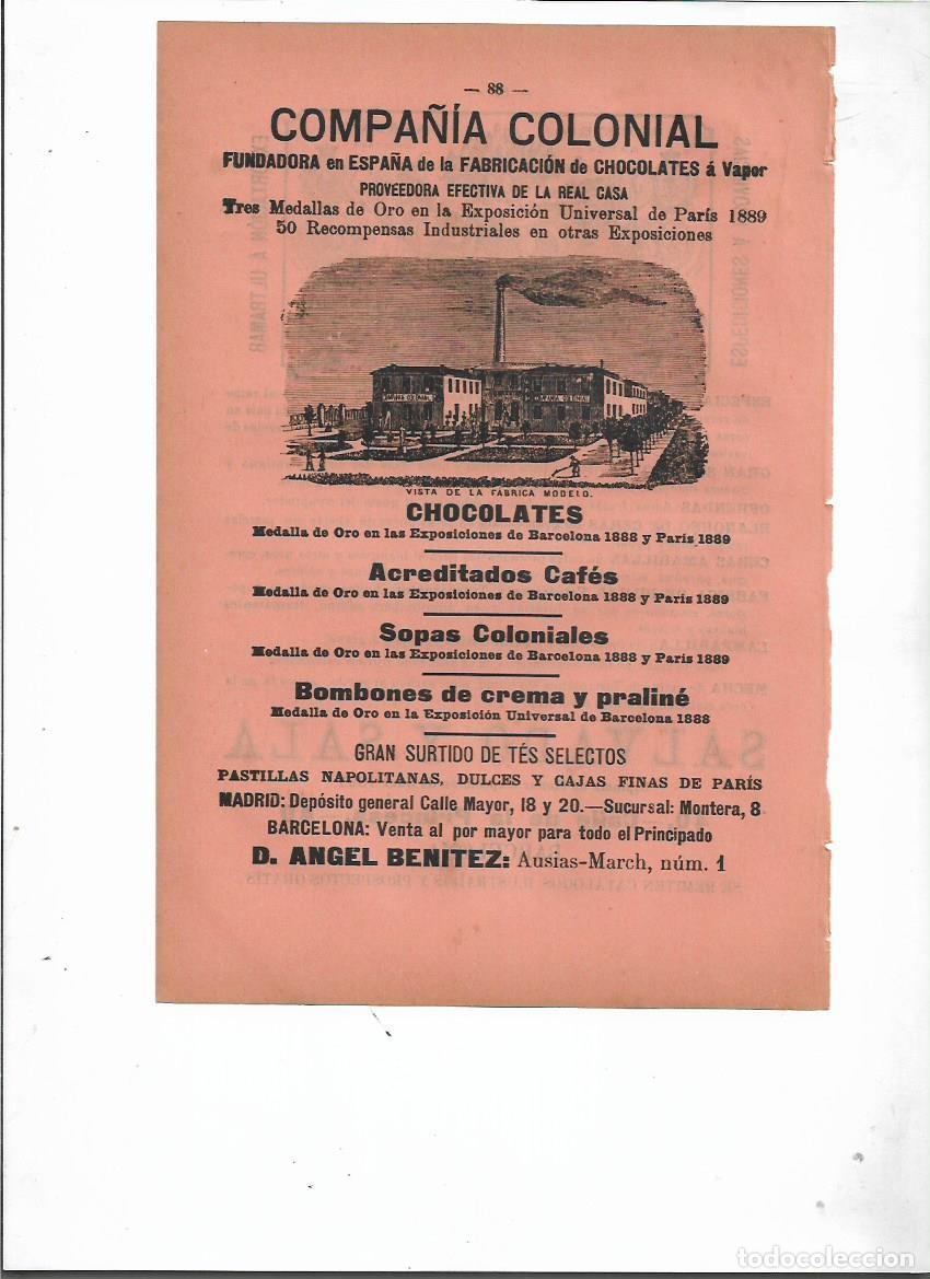 Collezionismo: A&Ntilde;O 1898 PUBLICIDAD COMPA&Ntilde;IA COLONIAL FABRICA CHOCOLATE CAFE TE BOMBONES ANGEL BENITEZ BCNA PREMIOS