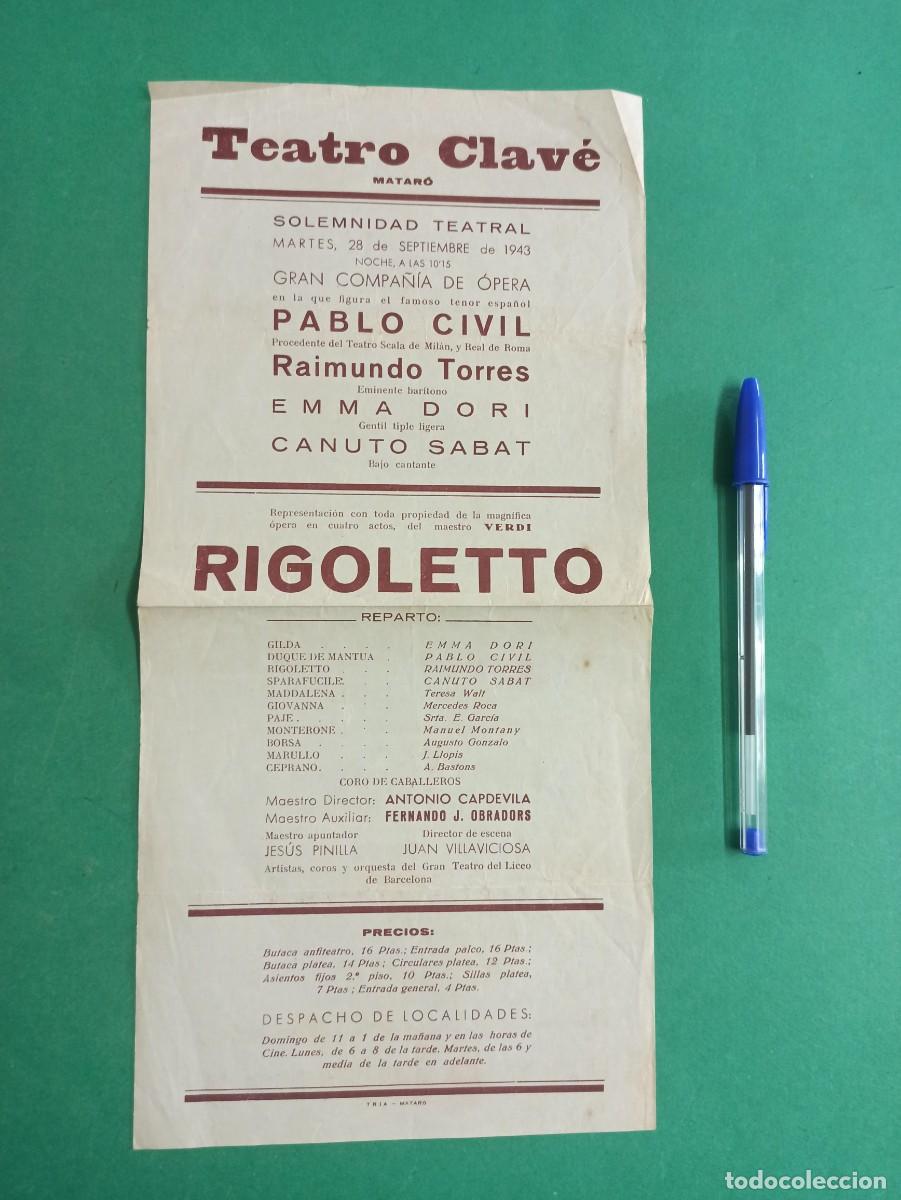 Colecionismo: Antiguo programa de teatro de Matar&oacute;. Teatro Clav&eacute;. Rigoletto. 1943.