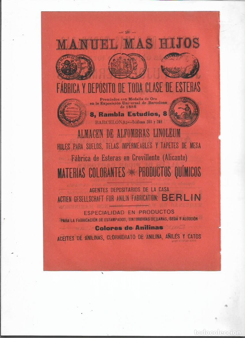 Collecting paper: A&Ntilde;O 1898 PUBLICIDAD MANUEL MAS HIJOS FABRICA ESTERAS ALFOMBRAS HULES BCNA PREMIOS MEDALLAS