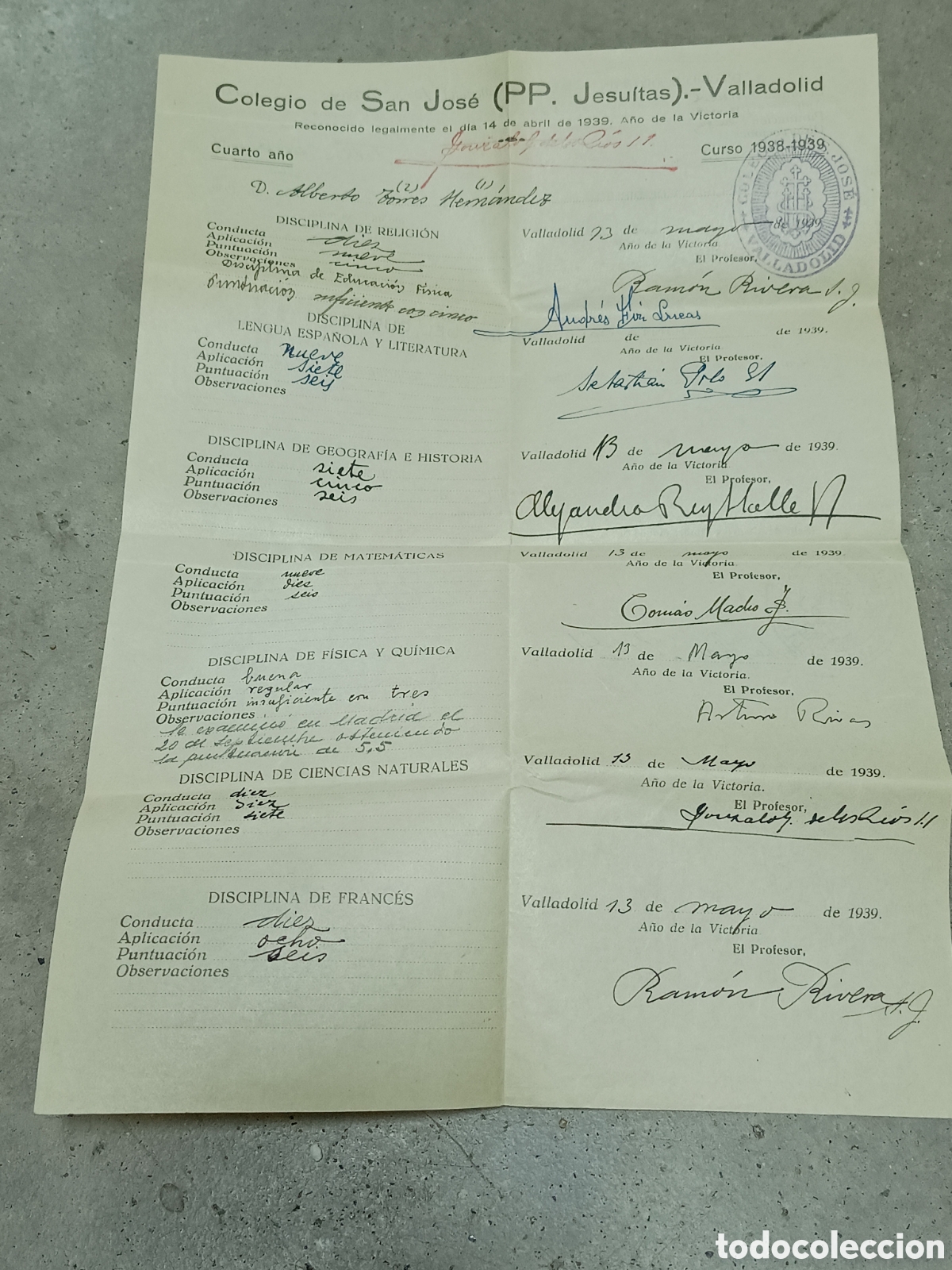 Coleccionismo: NOTAS DEL CURSO 1938 - 1939 - COLEGIO JESUITAS SAN JOS&Eacute; VALLADOLID