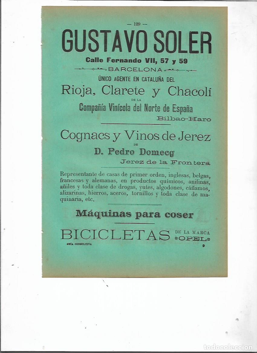 Sammelleidenschaft Papier: A&Ntilde;O 1898 PUBLICIDAD GUSTAVO SOLER AGENTE VINO RIOJA CLARETE CHACOLI CO&Ntilde;AC JEREZ PEDRO DOMECQ BCN