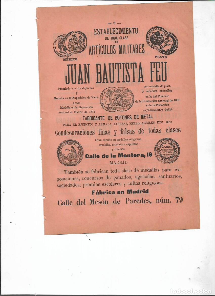 Collecting paper: A&Ntilde;O 1898 PUBLICIDAD JUAN BAUTISTA FEU MADRID ARTICULOS MILITARES BOTONES METAL CONDECORACIONES