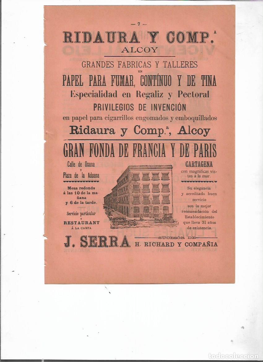 Collectionnisme: A&Ntilde;O 1898 PUBLICIDAD GRAN FONDA DE FRANCIA Y DE PARIS CARTAGENA J SERRA SUCESR H RICHARD HOTEL