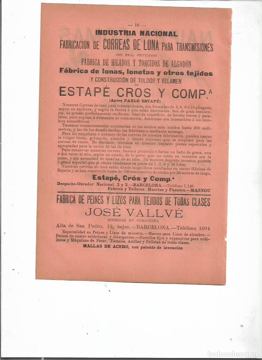 Coleccionismo: A&Ntilde;O 1898 PUBLICIDAD ESTAPE CROS EL MASNOU INDUSTRIA NACIONAL FABRICA CORREAS DE LONA TOLDOS VELAMEN