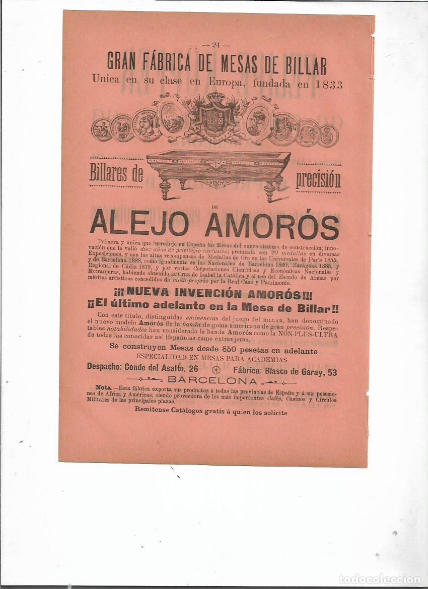 Collezionismo: A&Ntilde;O 1898 PUBLICIDAD ALEJO AMOROS GRAN FABRICA DE MESAS DE BILLAR MESA BILLARES DE PRECISION BCNA