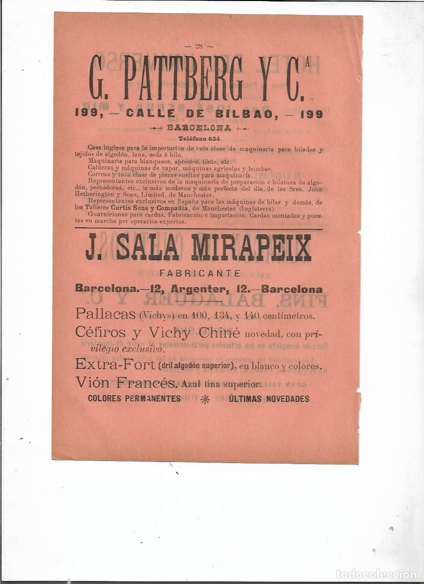 Coleccionismo: A&Ntilde;O 1898 PUBLICIDAD PATTBERG BARCELONA MAQUINARIA TEXTIL AGRICOLA CORREAS CALDERAS