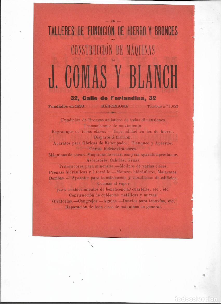 Collectionnisme: A&Ntilde;O 1898 PUBLICIDAD COMAS BLANCH BARCELONA TALLER FUNDICION HIERRO BRONCE CONSTRUCCION MAQUINAS