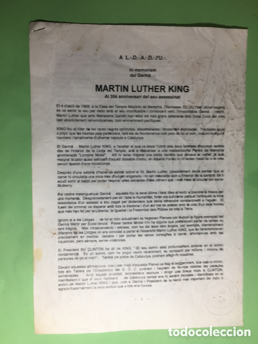 Coleccionismo: 1997 G.O.C. GRAN ORIENT DE CATALUNYA HOMENATGE 30 ANIVERSARI ASSESINAT MARTIN LUTHER KING TEXT MASON