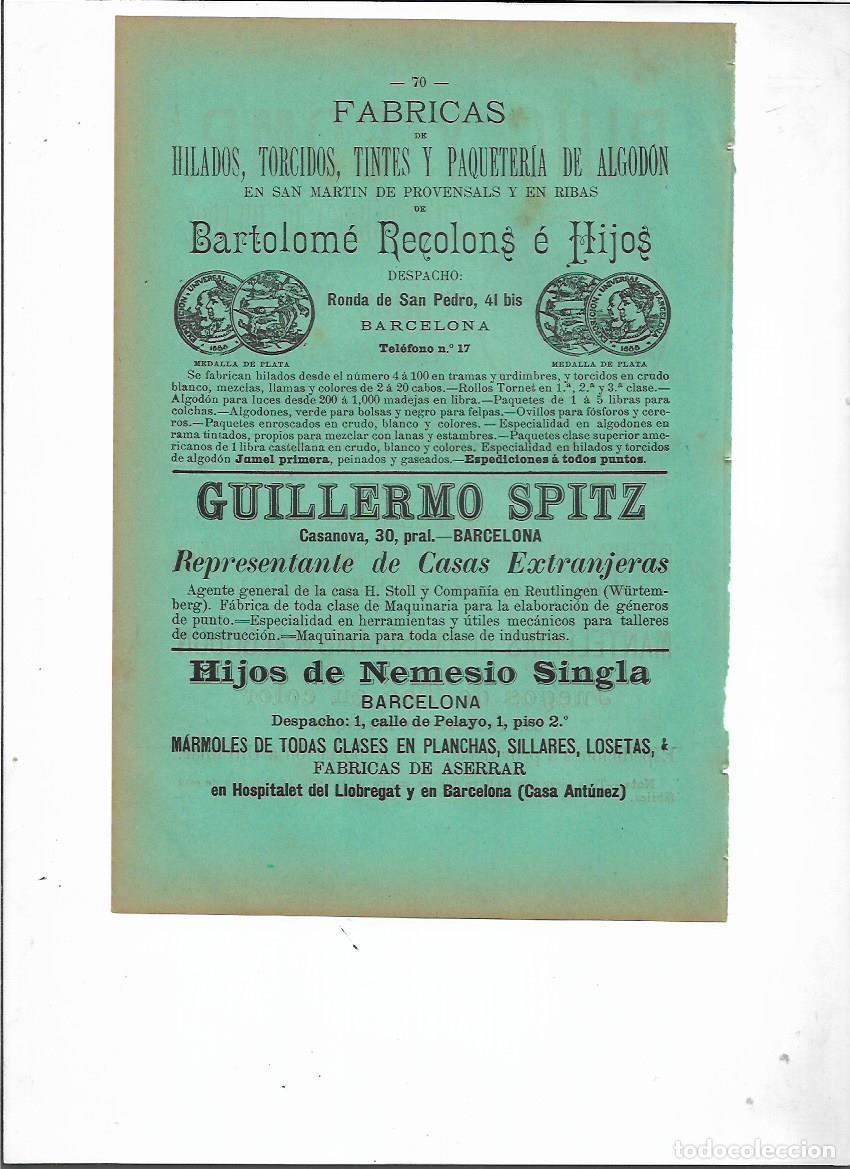 Collectionnisme: A&Ntilde;O 1898 PUBLICIDAD HIJOS DE NEMESIO SINGLA BCNA CASA ANTUNEZ HOSPITALET MARMOL FABRICA ASERRAR