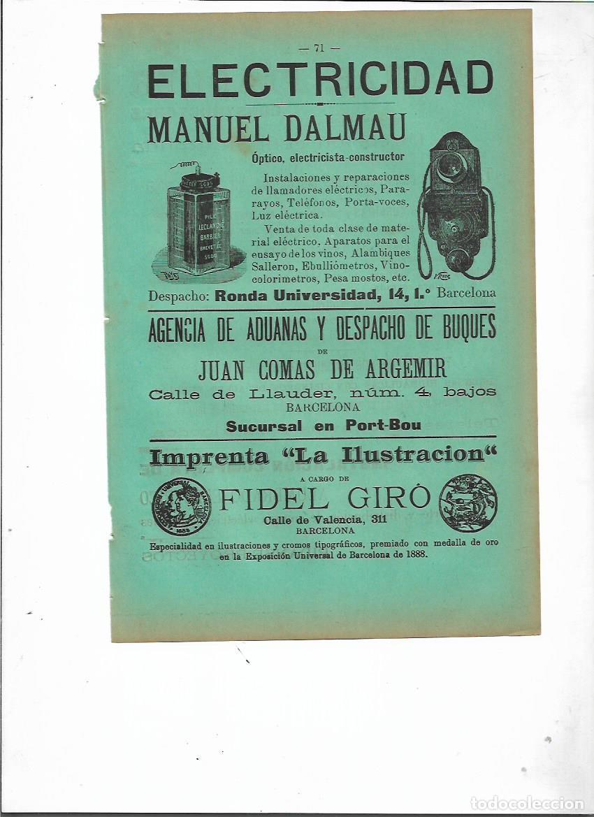 Colecionismo: A&Ntilde;O 1898 PUBLICIDAD MANUEL DALMAU ELECTRICIDAD BCNA OPTICO ELECTRICISTA REPARACION TELEFONO LUZ