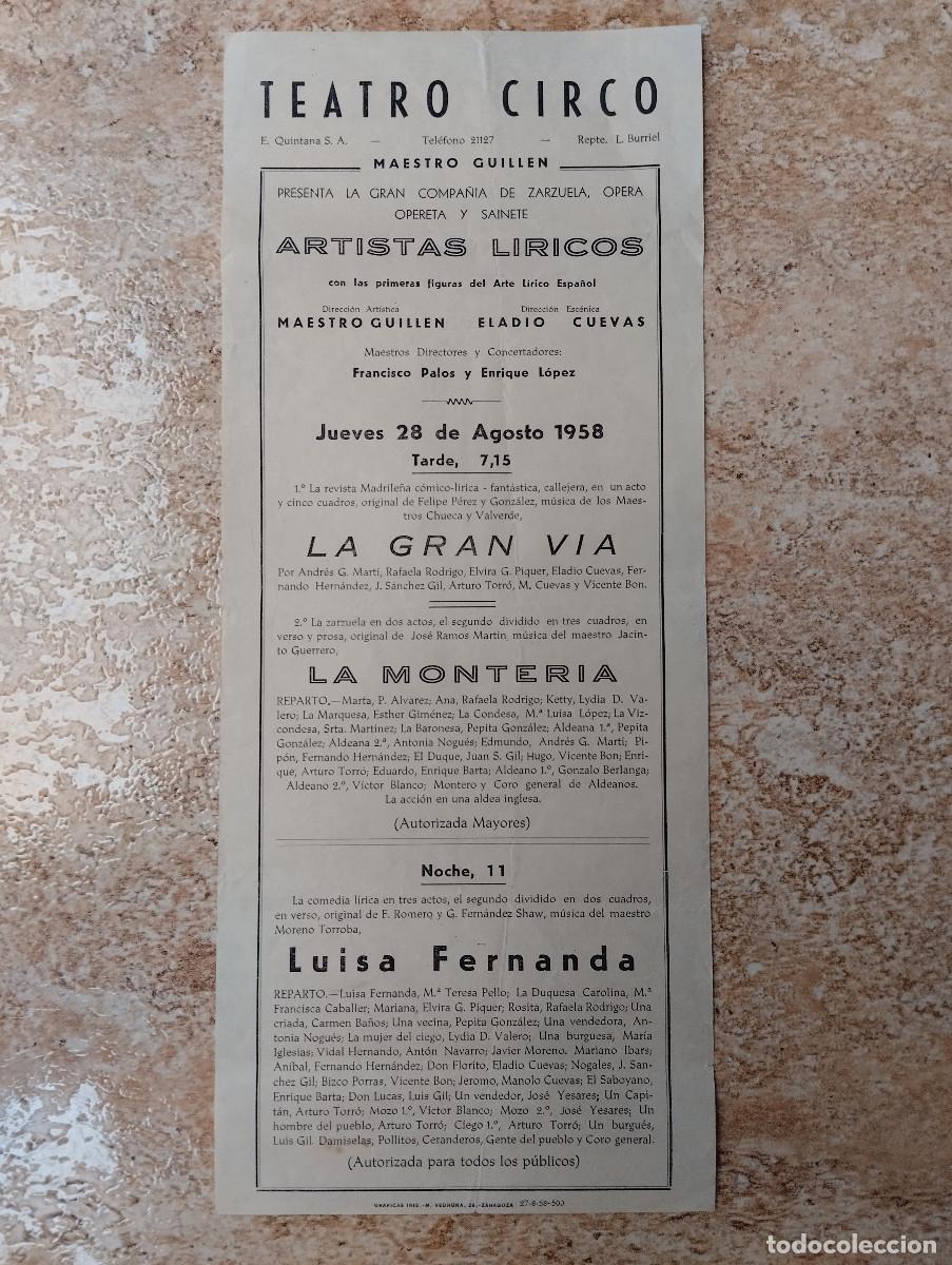 Coleccionismo: PROGRAMA TEATRO CIRCO, ZARAGOZA. ARTISTAS LIRICOS, 28 AGOSTO 1958