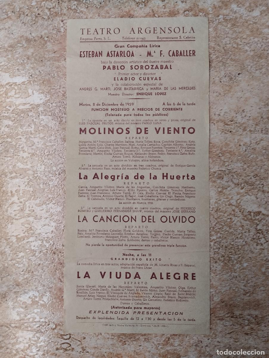 Coleccionismo: PROGRAMA TEATRO ARGENSOLA, ZARAGOZA. LIRICA, LA VIUDA ALEGRE. 8 DICIEMBRE 1959
