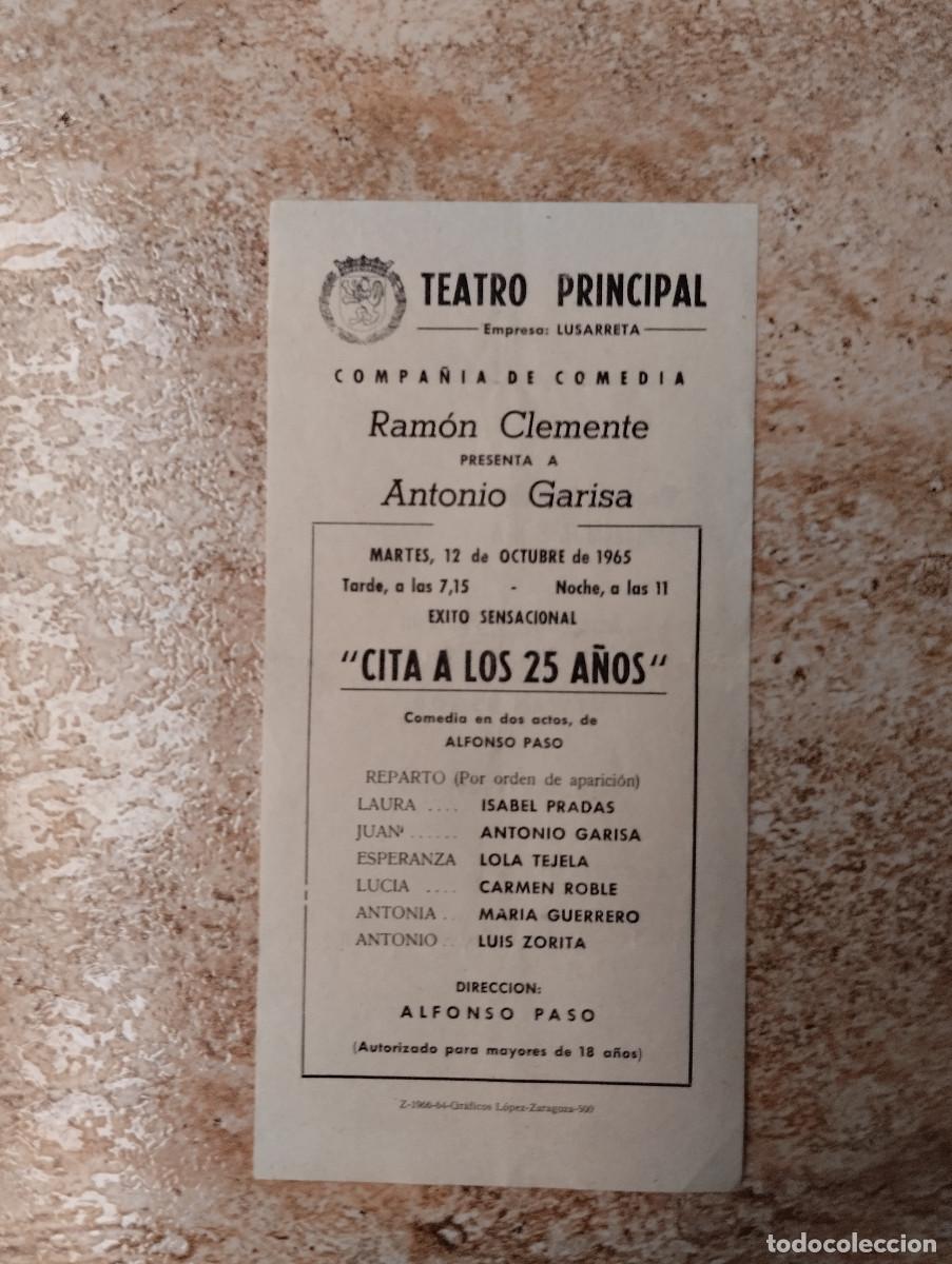 Coleccionismo: PROGRAMA TEATRO PRINCIPAL, ZARAGOZA. ANTONIO GARISA. 12 OCTUBRE 1965. PUBLICIDAD REVERSO..