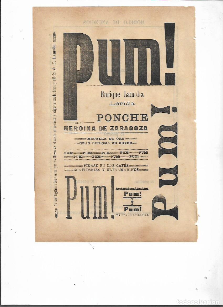 Collectionnisme: A&Ntilde;O 1898 PUBLICIDAD PUM ENRIQUE LAMOLLA LLEIDA PONCHE HEROINA DE ZARAGOZA BEBIDAS LICOR