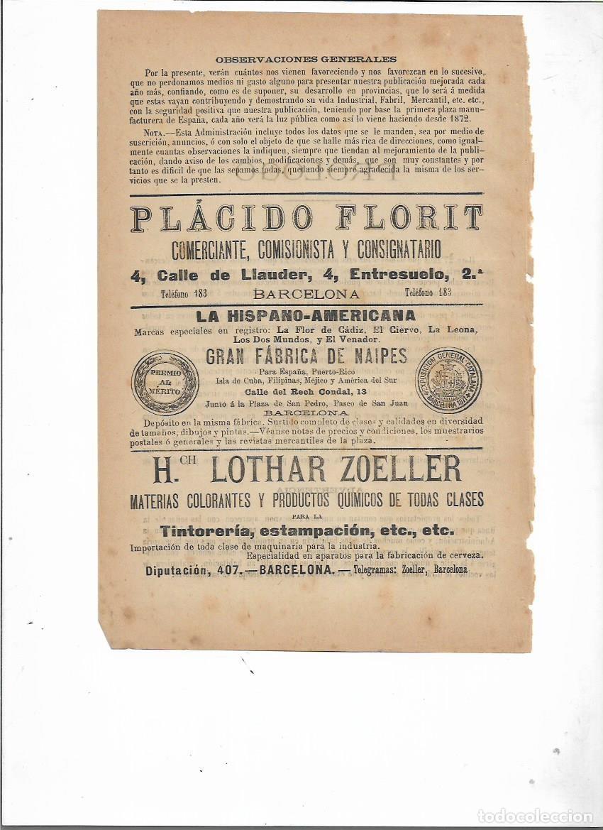 Collezionismo: A&Ntilde;O 1898 PUBLICIDAD LOTHAR ZOELLER BCNA FABRICA COLORANTES PRODUCTOS QUIMICOS TINTORERIA ESTAMPACION