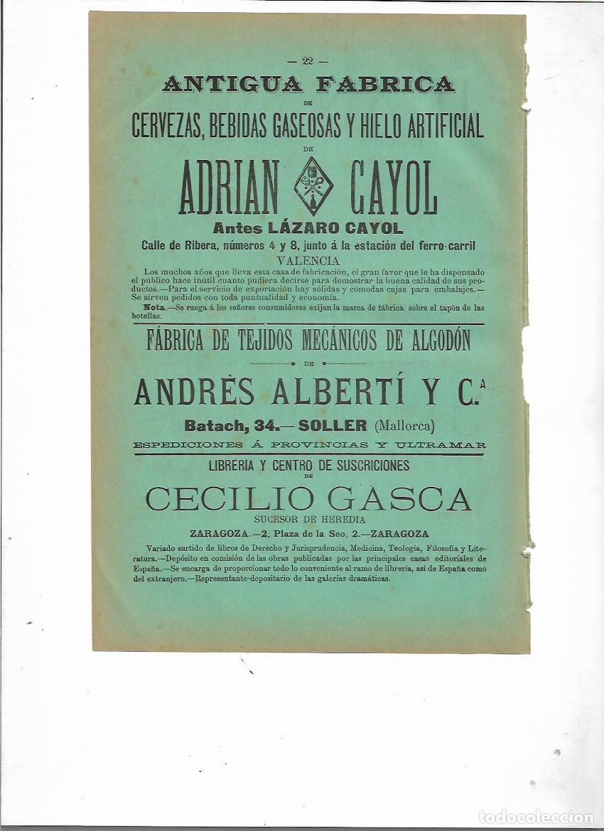 Collezionismo: A&Ntilde;O 1898 PUBLICIDAD ADRIAN CAYOL ANTES LAZARO CAYOL VALENCIA FABRICA CERVEZA BEBIDAS GASEOSA HIELO