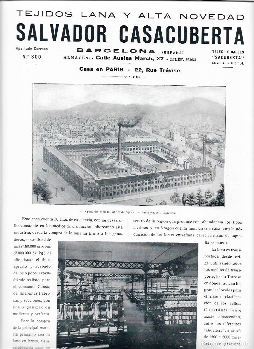 Collezionismo: A&Ntilde;O 1928 REPORTAJE PUBLICIDAD SALVADOR CASACUBERTA BCNA FABRICA TEXTIL HILADOS TORCIDOS ESTAMBRE