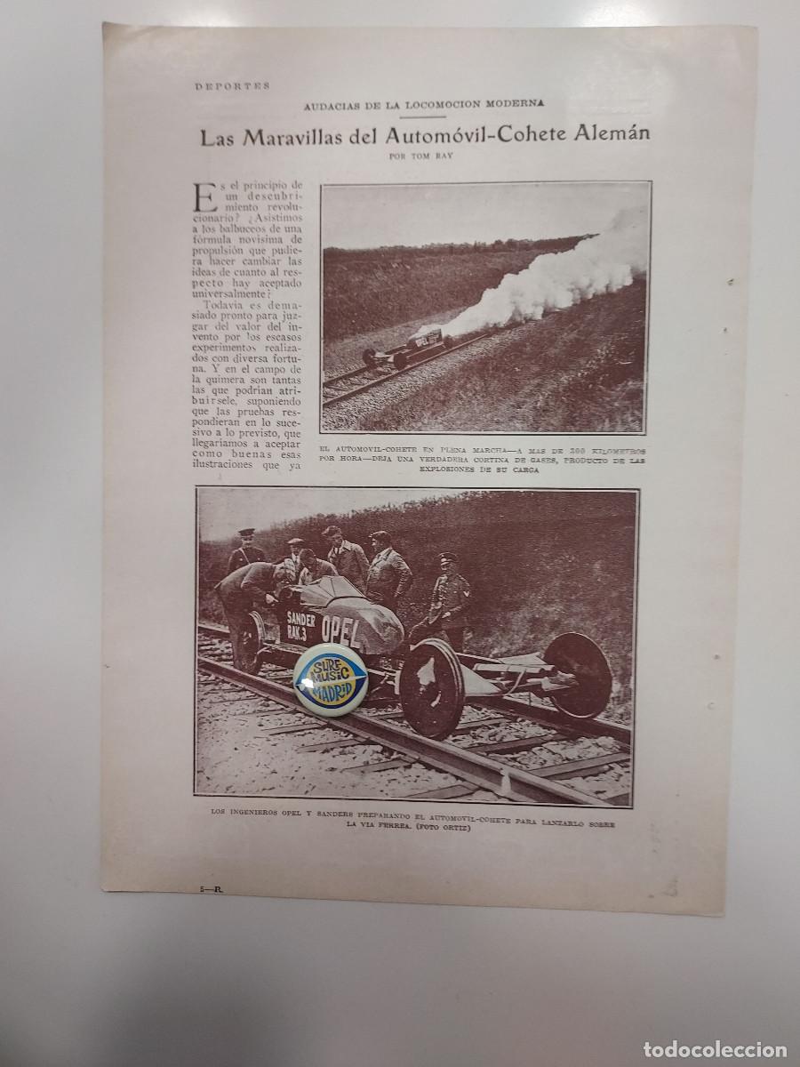 Collectionnisme: HBYN Recorte revista a&ntilde;o 1928. LOCOMOCI&Oacute;N MODERNA, AUTOM&Oacute;VIL-COHETE ALEMAN, OPEL, SANDERS. 2 hojas