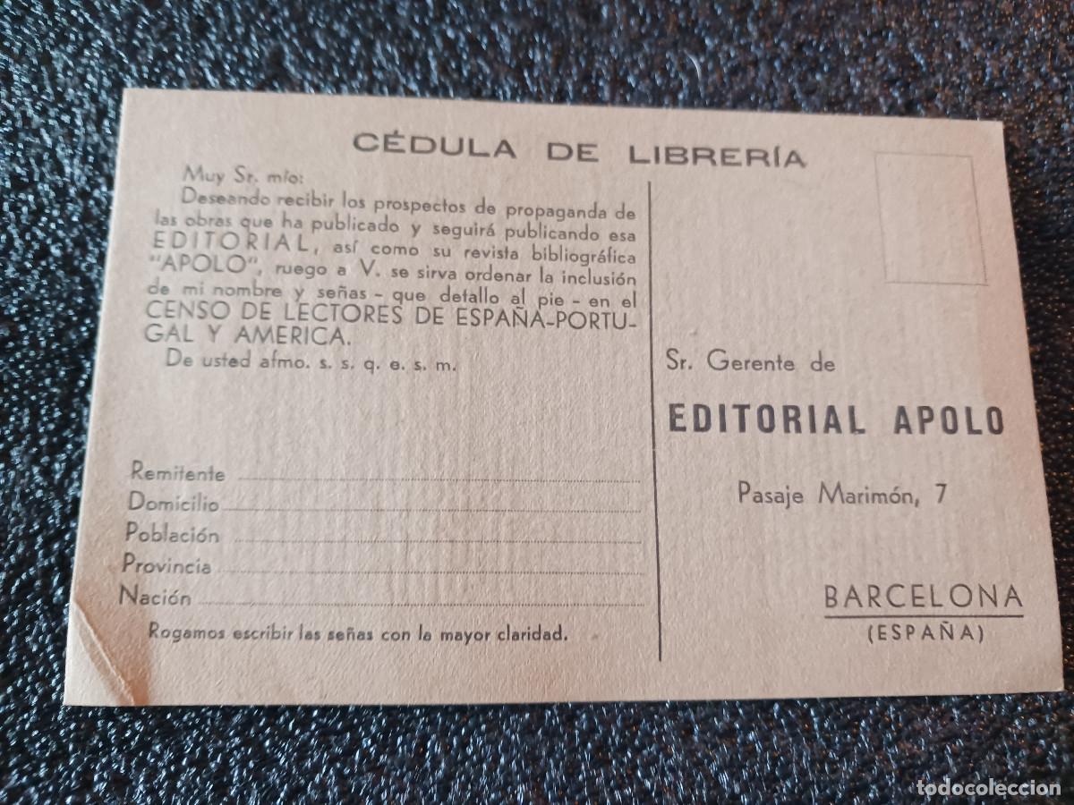 Coleccionismo: C&eacute;dula de Librer&iacute;a Editorial Apolo 1938