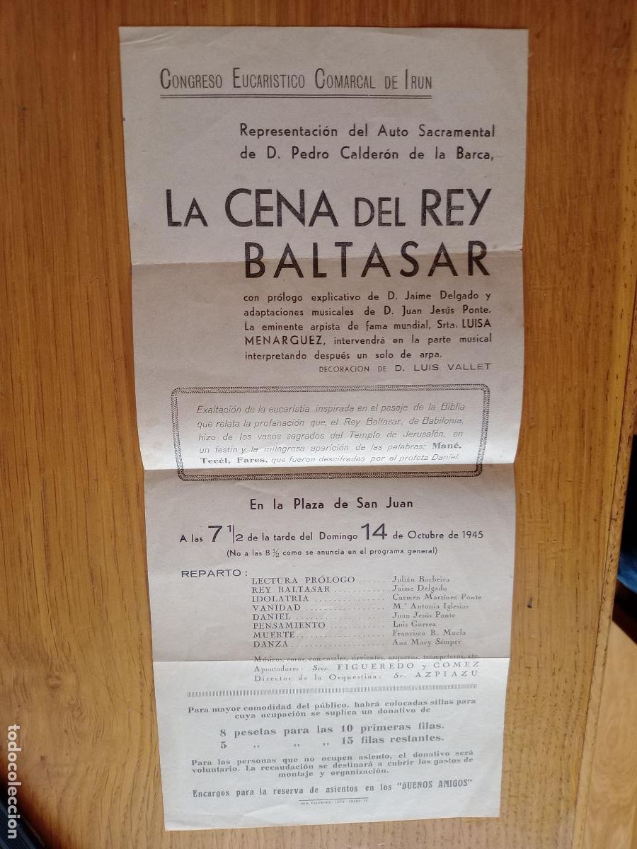 Coleccionismo: La Cena del Rey Baltasar, Teatro 1945. Programa. Ir&uacute;n, Guip&uacute;zcoa