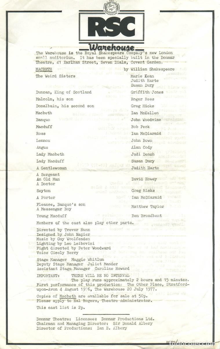 Coleccionismo: Macbeth, by William Shakespeare. Dir. Trevor Nunn (RSC Warehouse. 1977)