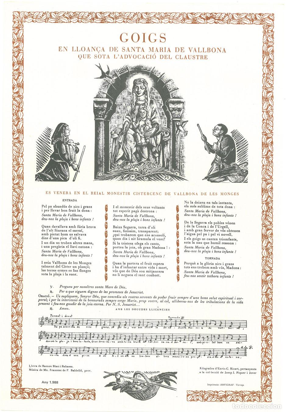 Coleccionismo: GOIGS EN LLOAN&Ccedil;A DE SANTA MARIA DE VALLBONA - 1988