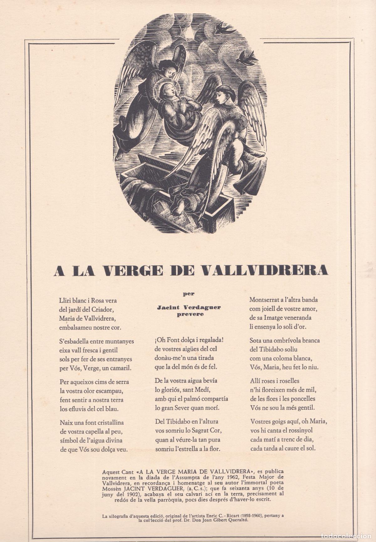 Collezionismo: GOIGS A LA VERGE DE VALLVIDRERA PER JACINT VERDAGUER PREVERE &ndash; 1963