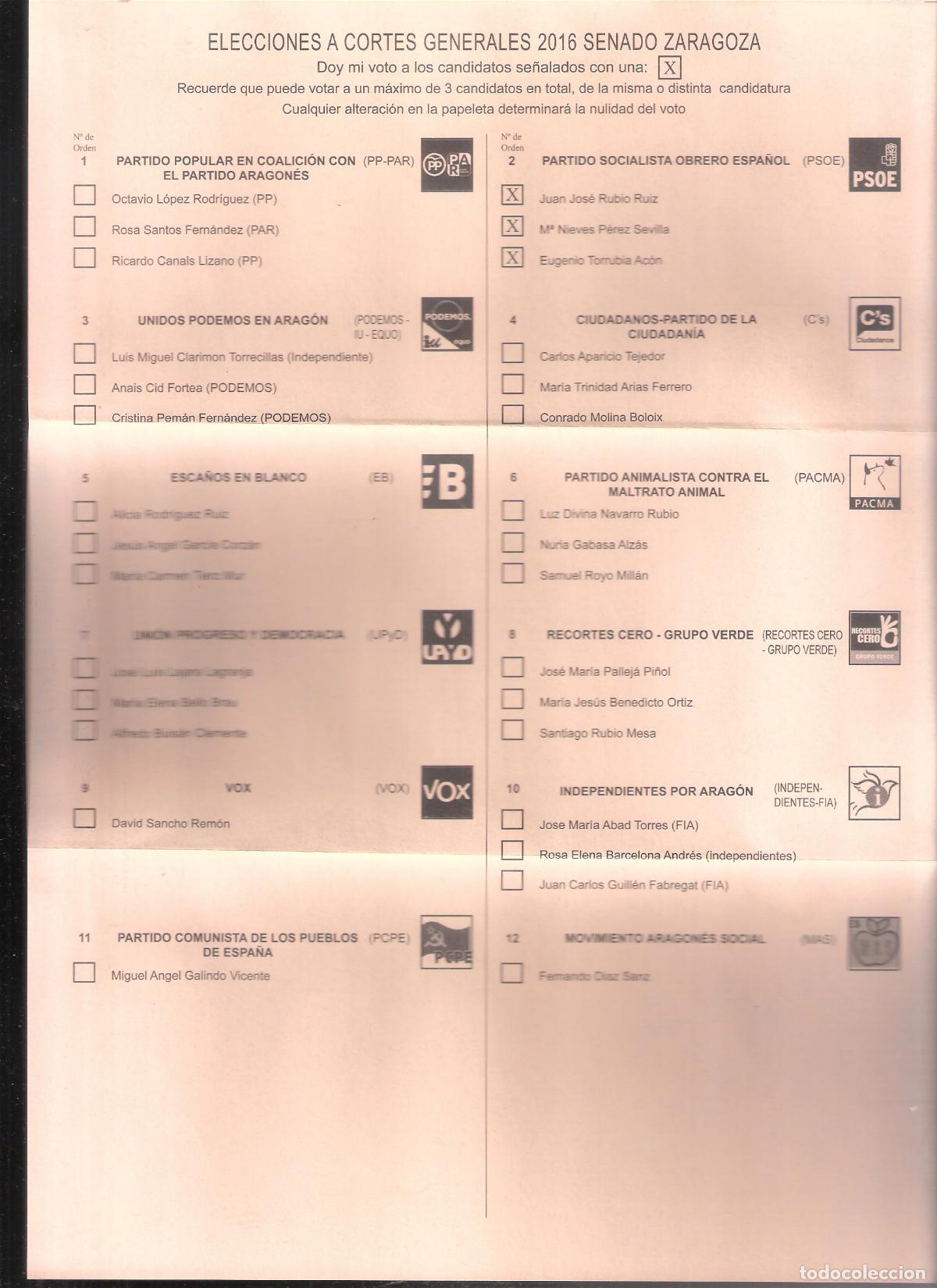 Collectionnisme: Elecciones a Cortes Generales 2016. Senado. Zaragoza. Premarcada PSOE.