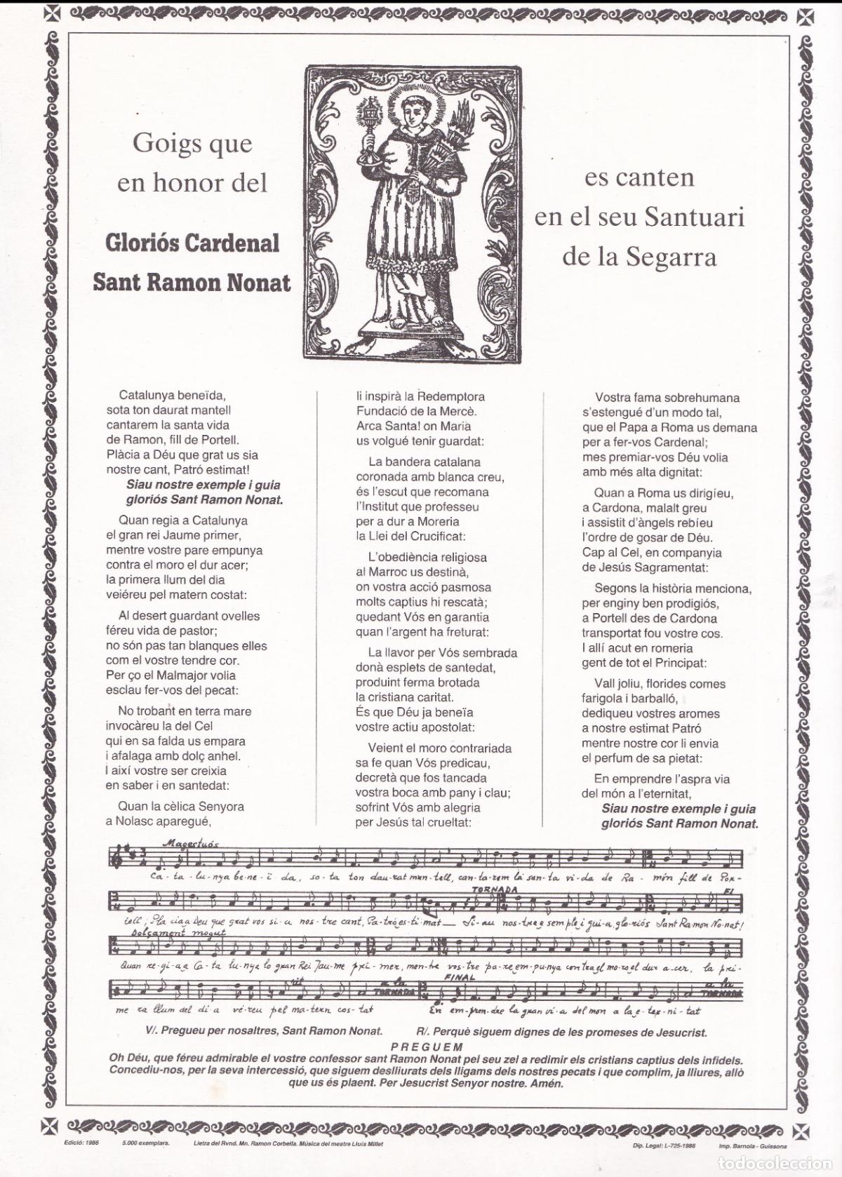 Collectionnisme: GOIGS EN HONOR DEL GLORI&Oacute;S CARDENAL SAN RAMON NONAT - SANTUARI DE LA SEGARRA - 1986