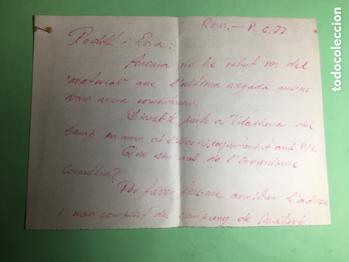 Coleccionismo: 1977 8/6 REUS CARTA XERRADA A VILAPLANA DEL CAMP ACCI&Oacute; UNITAT SOCIALISTA CATALUNYA I AFILIACI&Oacute;