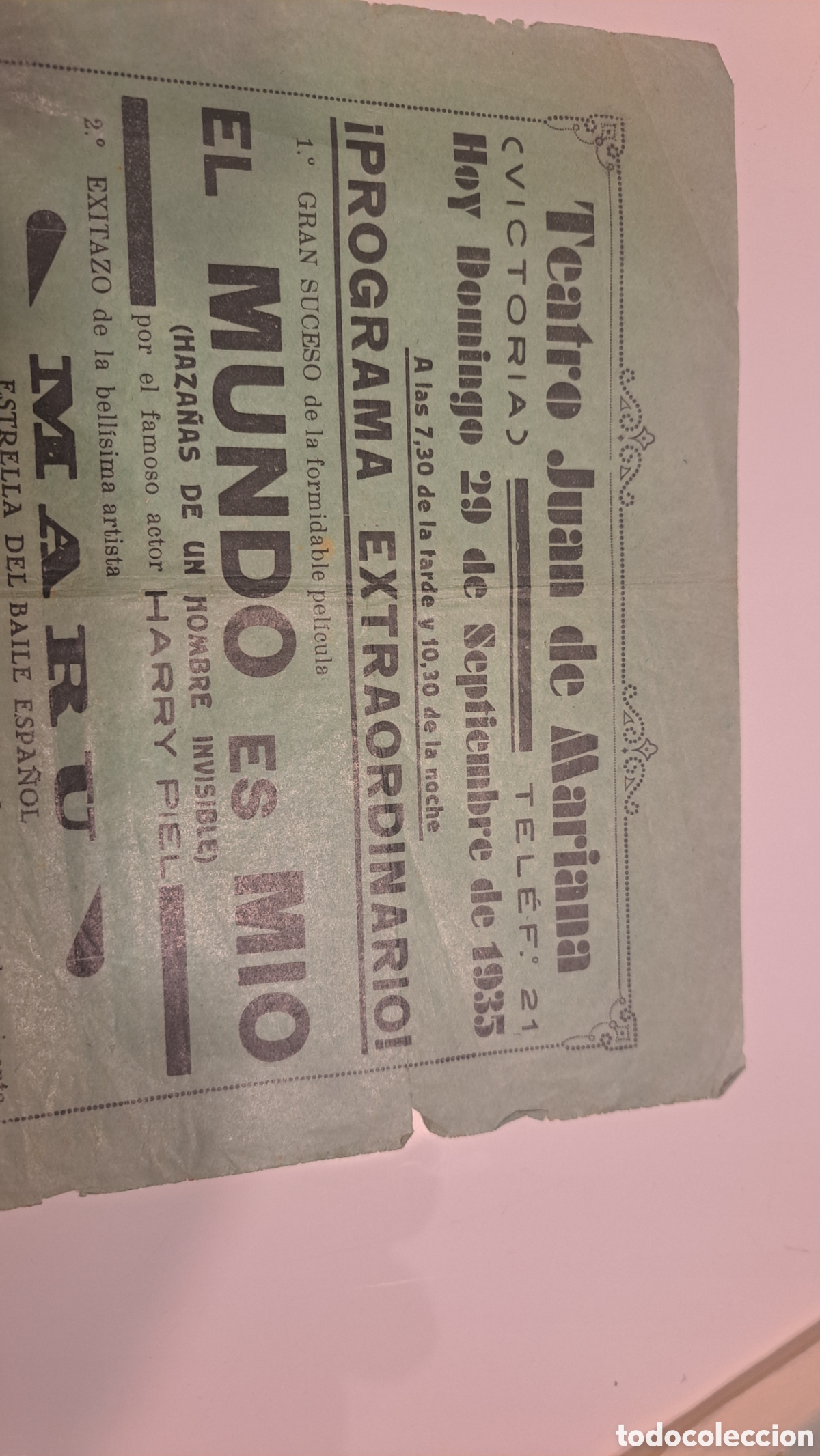 Coleccionismo: Programa teatro Juan de mariana 29.9.1935 - Foto 2