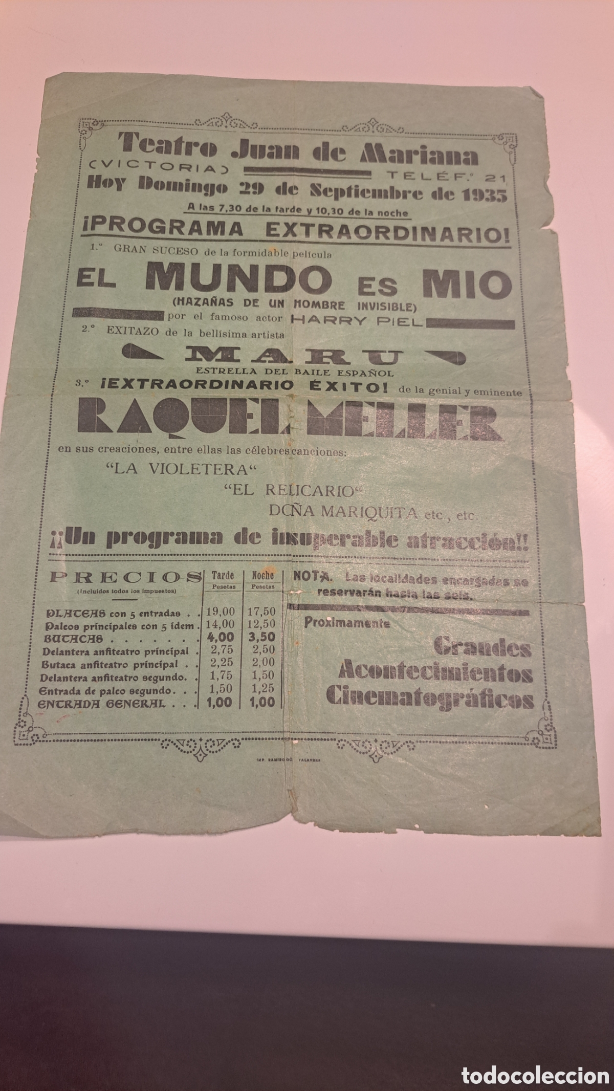 Coleccionismo: Programa teatro Juan de mariana 29.9.1935 - Foto 1