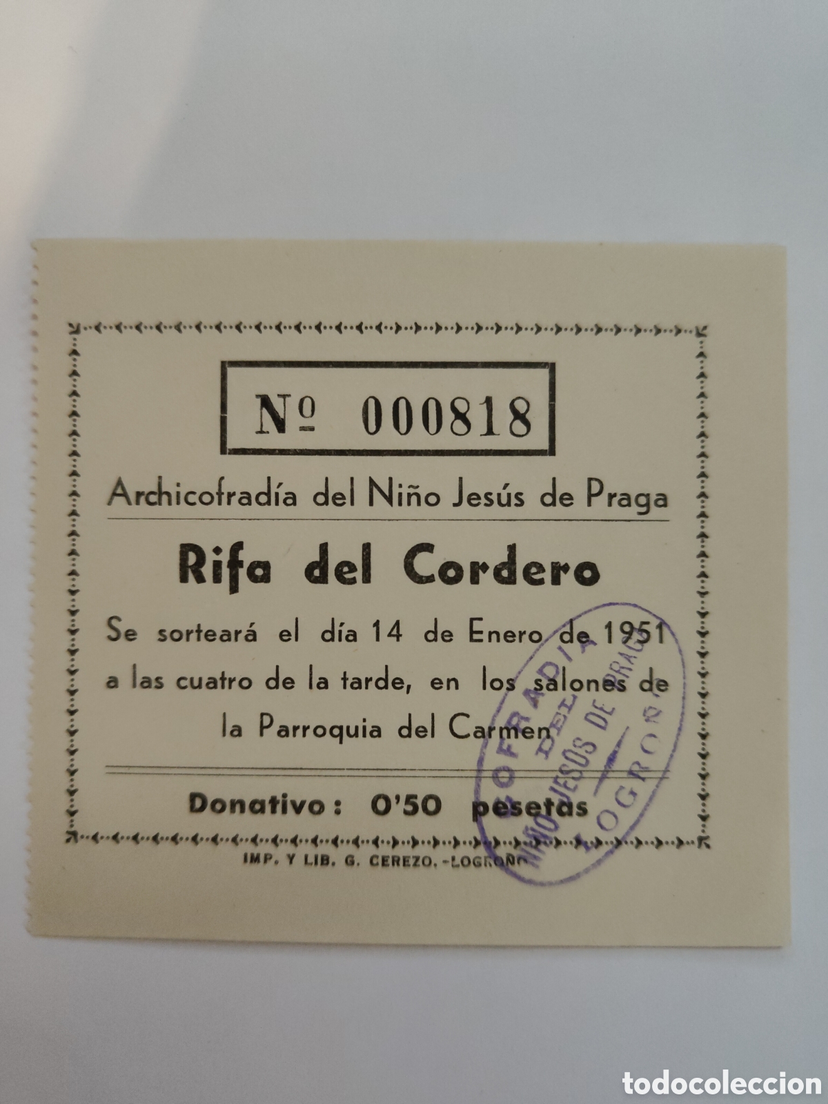 Sammelleidenschaft Papier: archicofradia del ni&ntilde;o jesus de praga - rifa del cordero - 1951 - tdkc18
