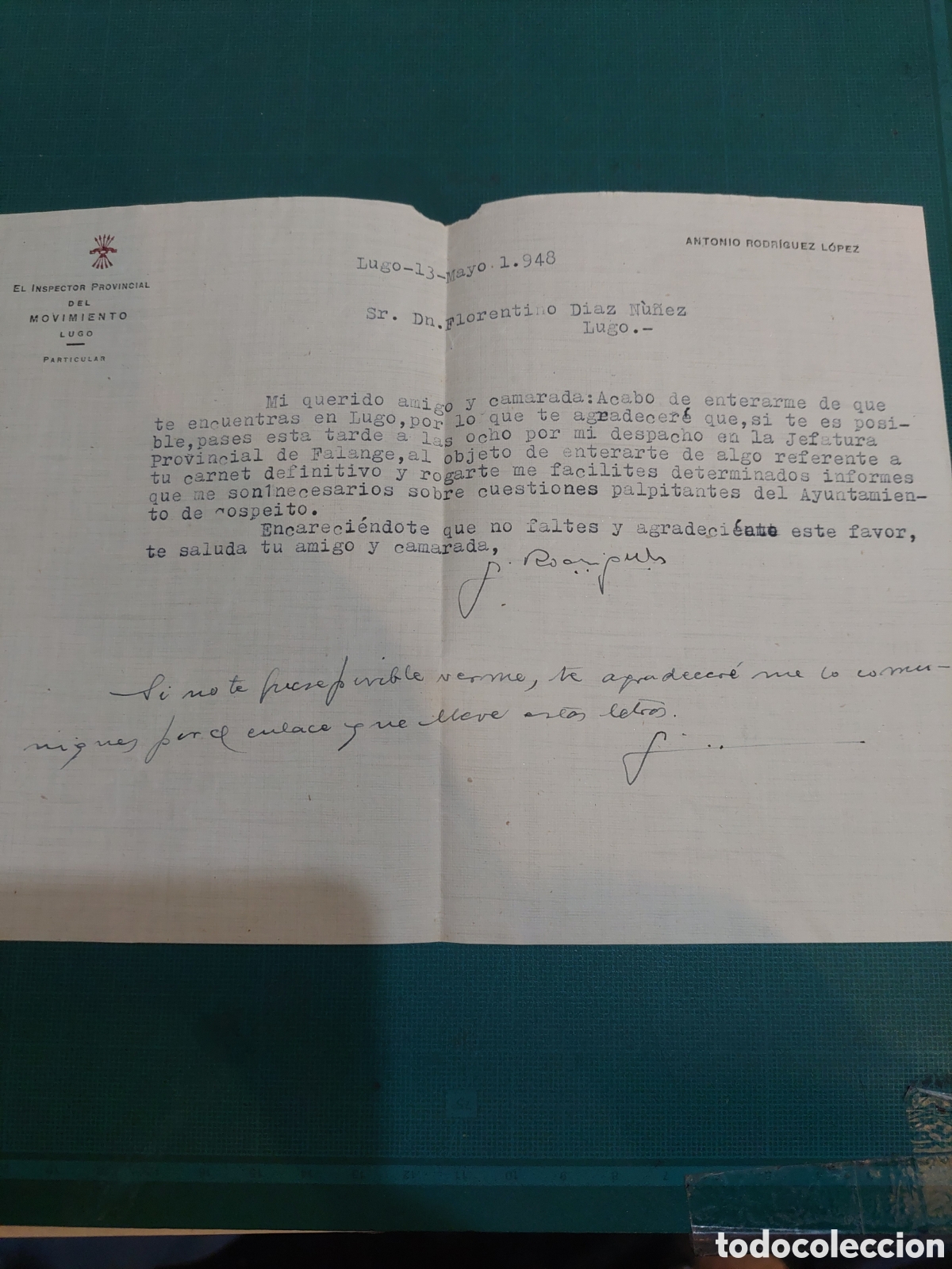 Collecting paper: 1948 lugo el inspector provincial del movimiento falange carnet definitivo cospeito