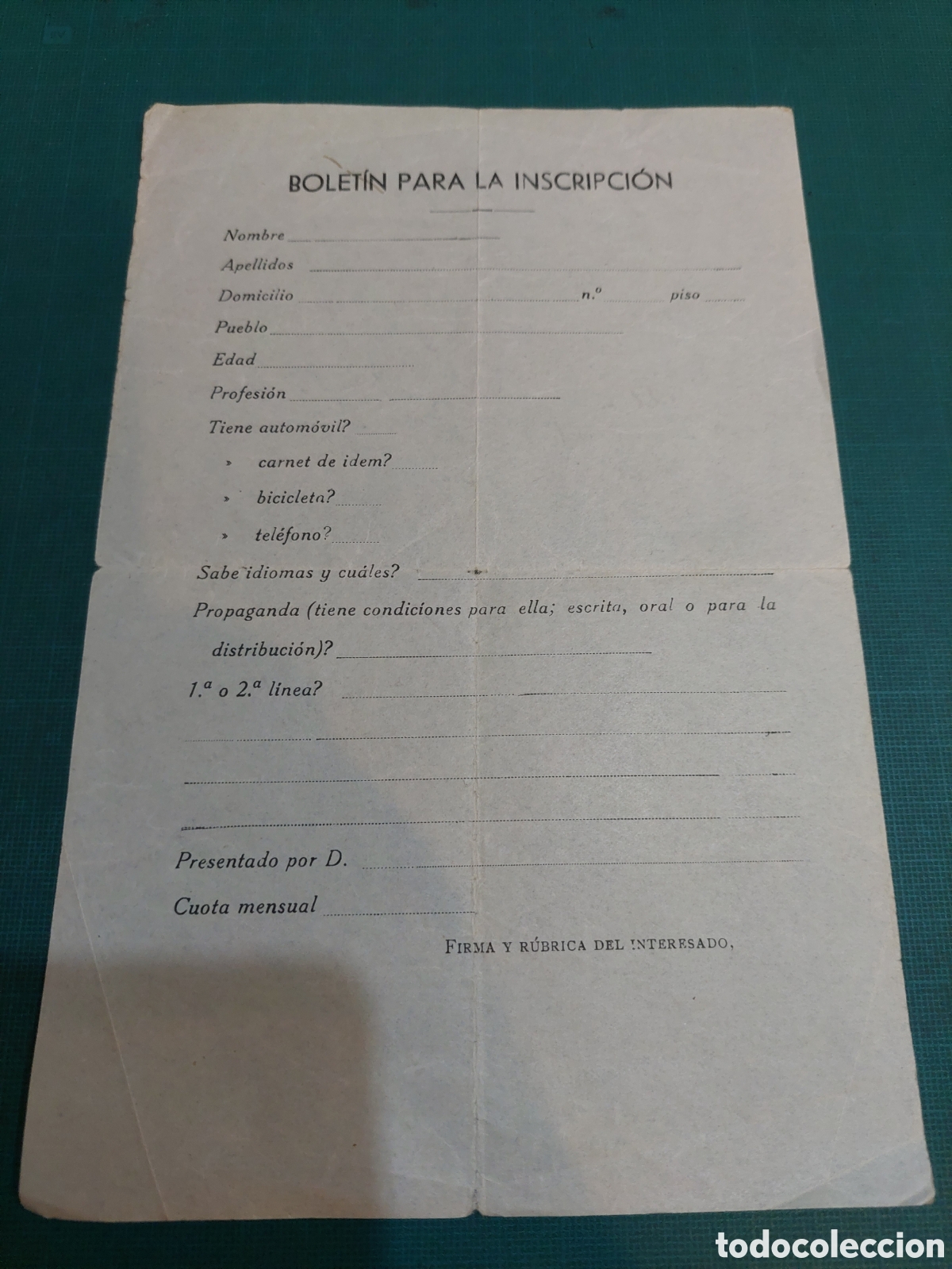 Collezionismo: BOLET&Iacute;N PARA LA INSCRIPCI&Oacute;N TRABAJO
