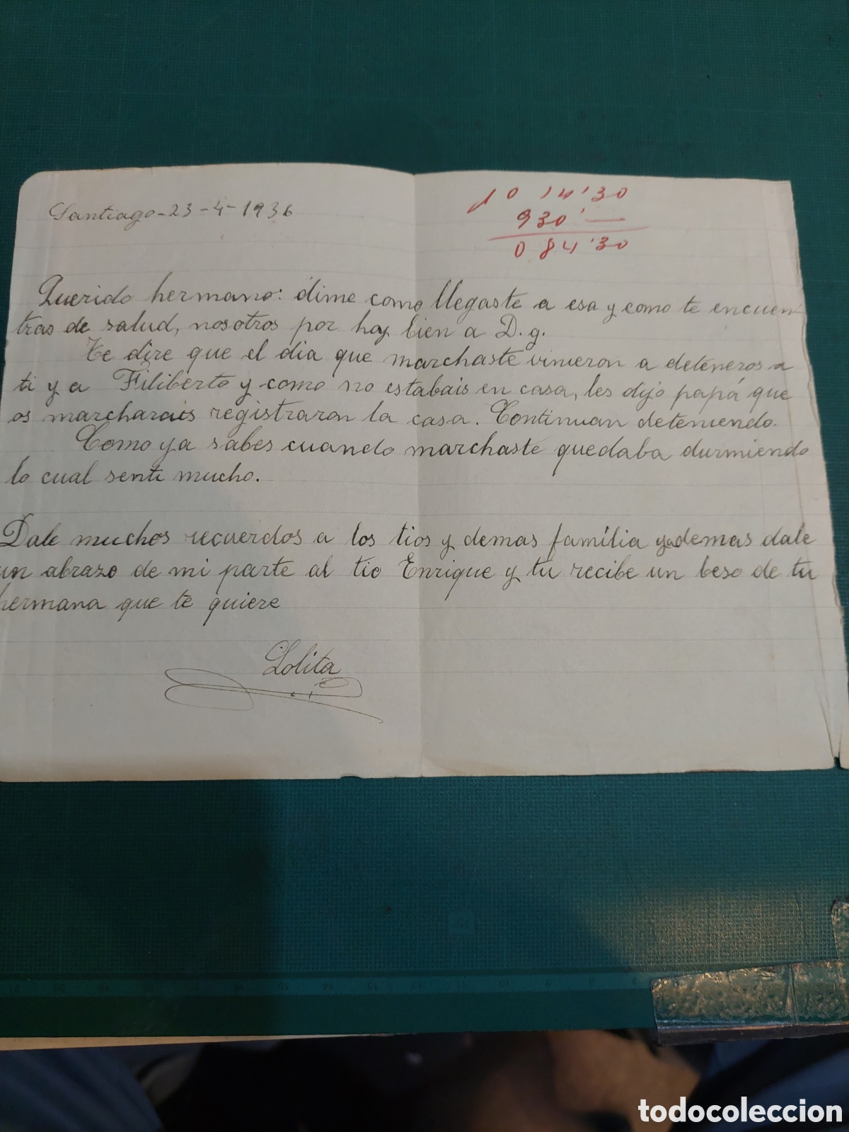 Sammelleidenschaft Papier: CARTA SANTIAGO 1936 COMUNICACION DE DETENCI&Oacute;N