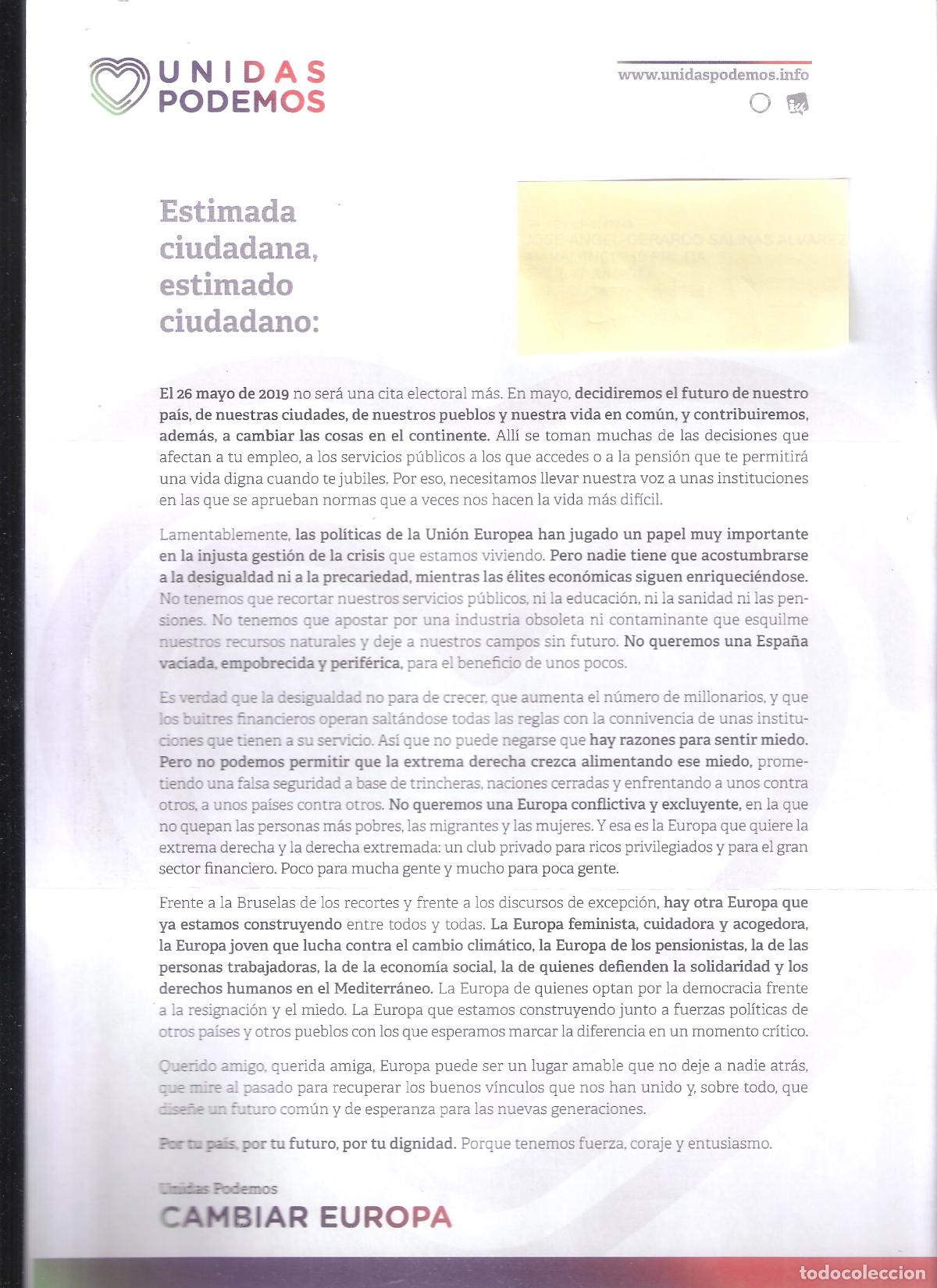 Collectionnisme: Unidas Podemos. Cambiar Europa. Elecciones Parlamento Europeo 2019.Carta. 30x21 cm.