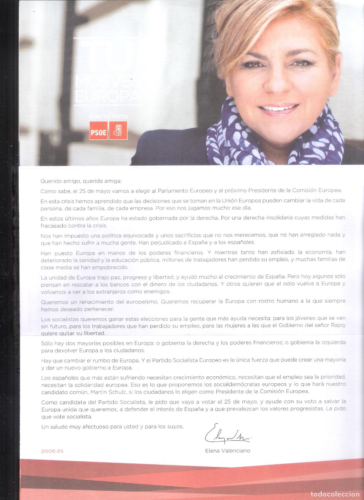 Coleccionismo: Elena Valenciano. T&uacute; mueves Europa. PSOE. Elecciones Parlamento Europeo 2014.Carta. 30x21 cm.
