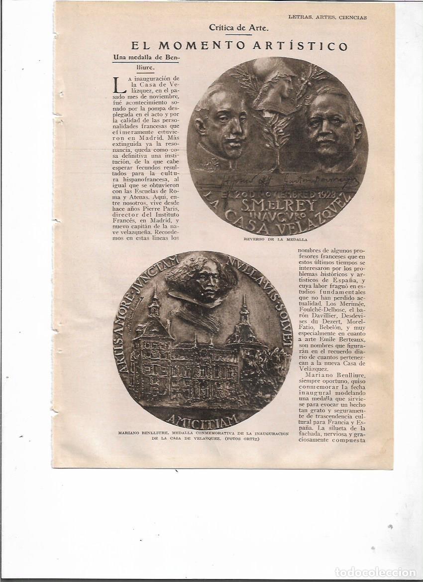 Coleccionismo: A&Ntilde;O 1929 RECORTE PRENSA ARTE MEDALLA DE MARIANO BENLLIURE CONMEMORACION INAUGURACION CASA VELAZQUEZ