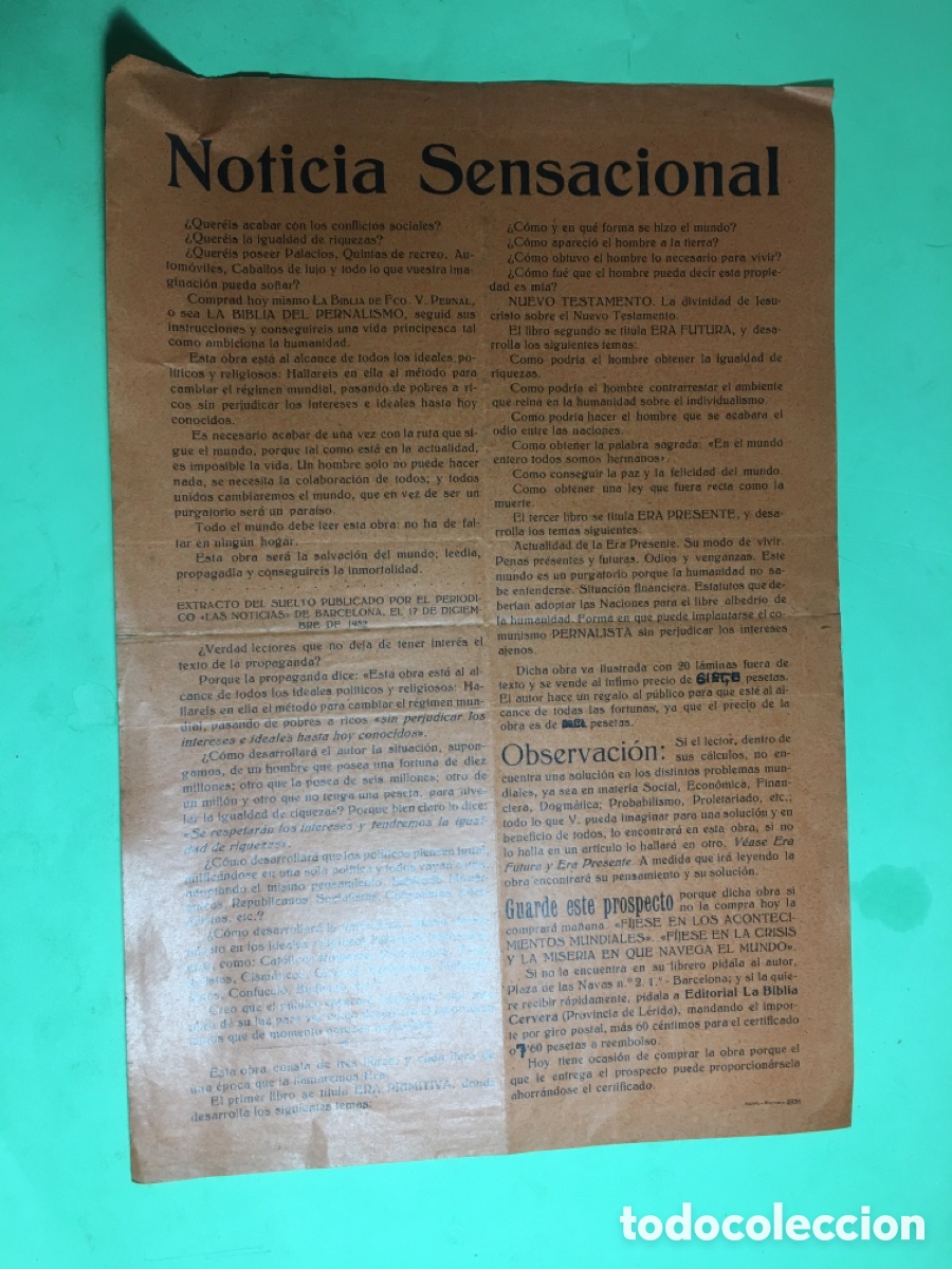 Coleccionismo: 1932 circa NOTICIA SENSACIONAL LA BIBLIA DEL PERNALISMO R&Eacute;GIMEN MUNDIAL DE TODOS RICOS