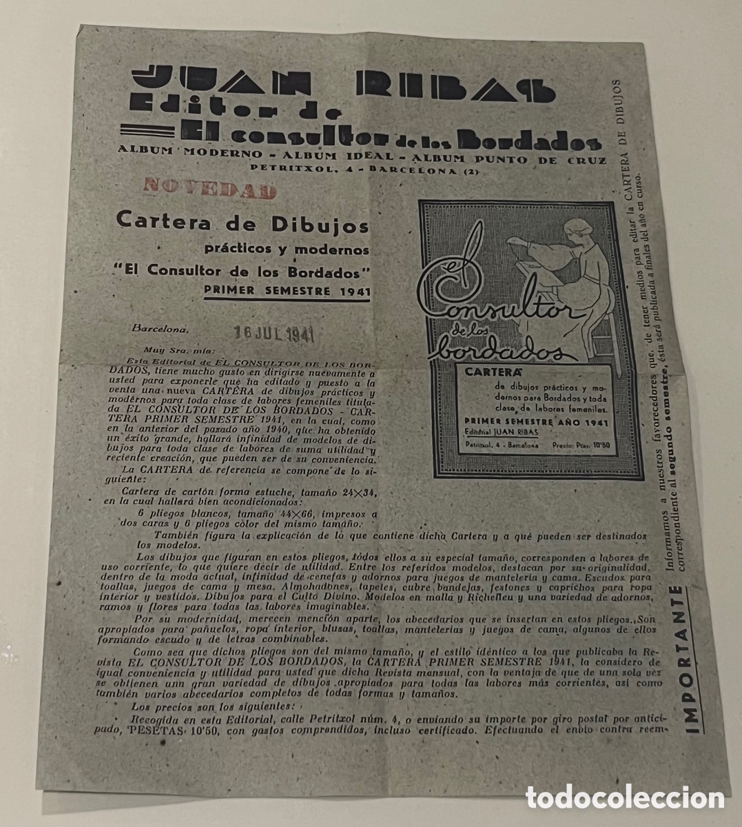 Coleccionismo: EL CONSULTOR DE LOS BORDADOS - JUAN RIBAS - BARCELONA, 1941 - BOLET&Iacute;N DE PEDIDO
