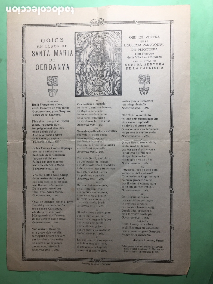 Coleccionismo: 1923 circa GOIGS EN LLAOR DE SANTA MARIA DE CERDANYA ESGL&Eacute;SIA PARROQUIAL DE PUIGCERDA N S SAGRISTIA
