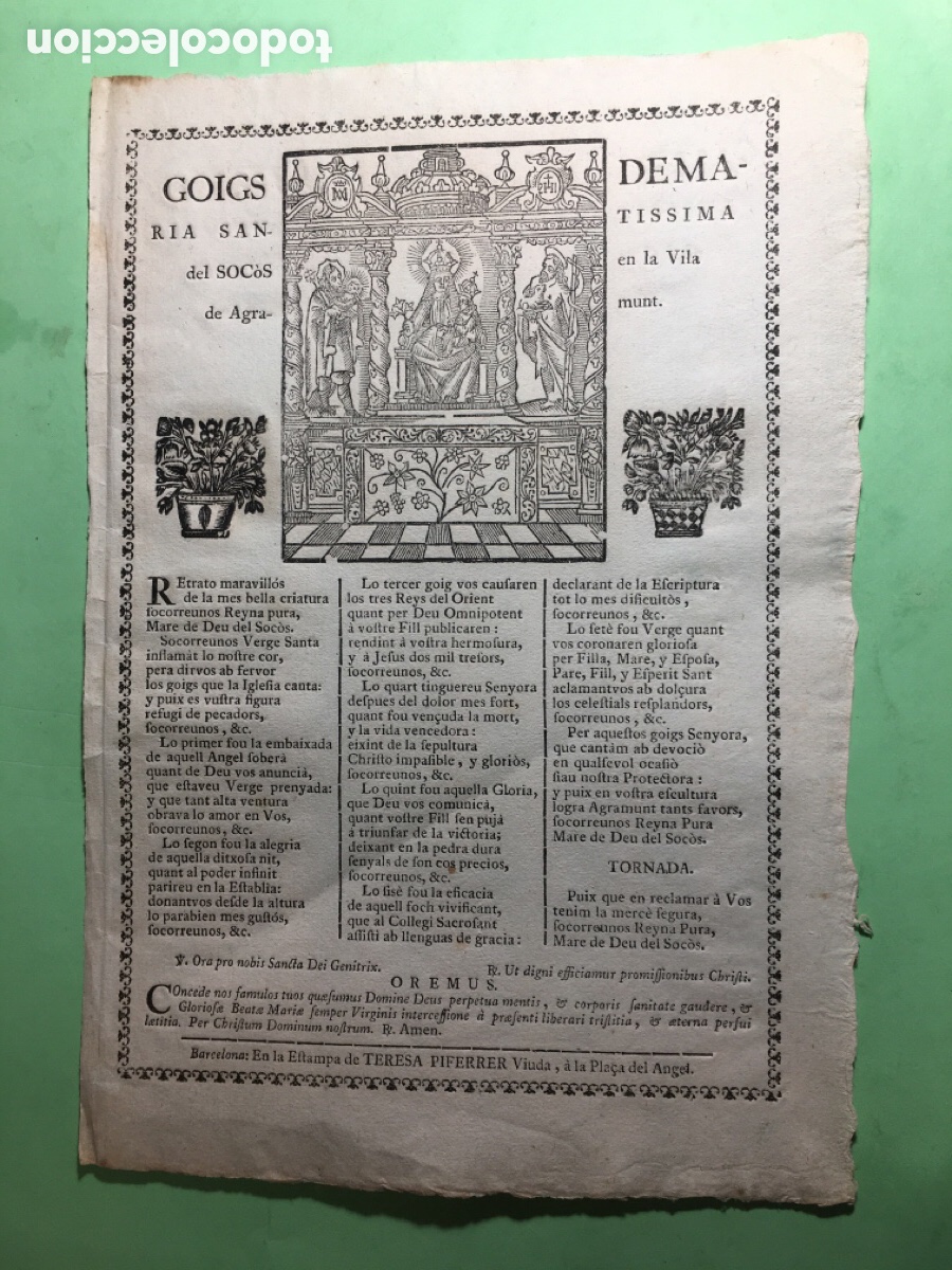 Collezionismo: ANTIC GOIGS DE MARIA SANTISSIMA DEL SOC&Ograve;S EN LA VILA DE AGRAMUNT