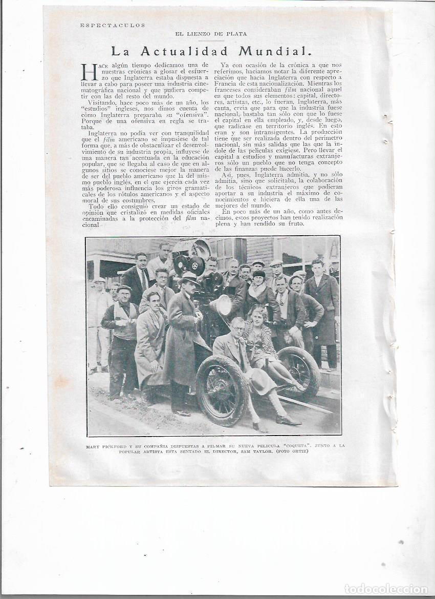 Coleccionismo: A&Ntilde;O 1929 RECORTE PRENSA CINE ACTRIZ ARTISTA MARY PICKFORD COMPA&Ntilde;IA RODAJE PELICULA COQUETA
