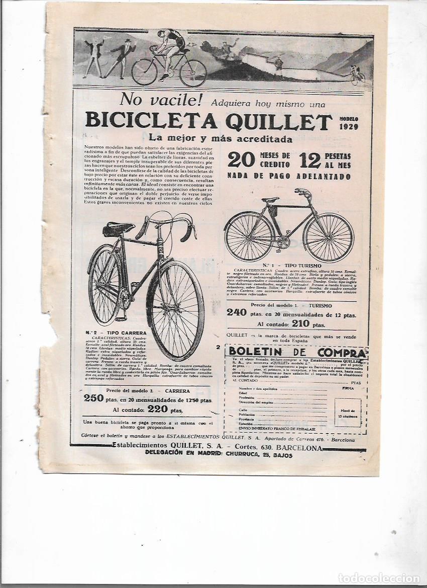 Coleccionismo: A&Ntilde;O 1929 RECORTE PRENSA PUBLICIDAD BICICLETA QUILLET LA MEJOR